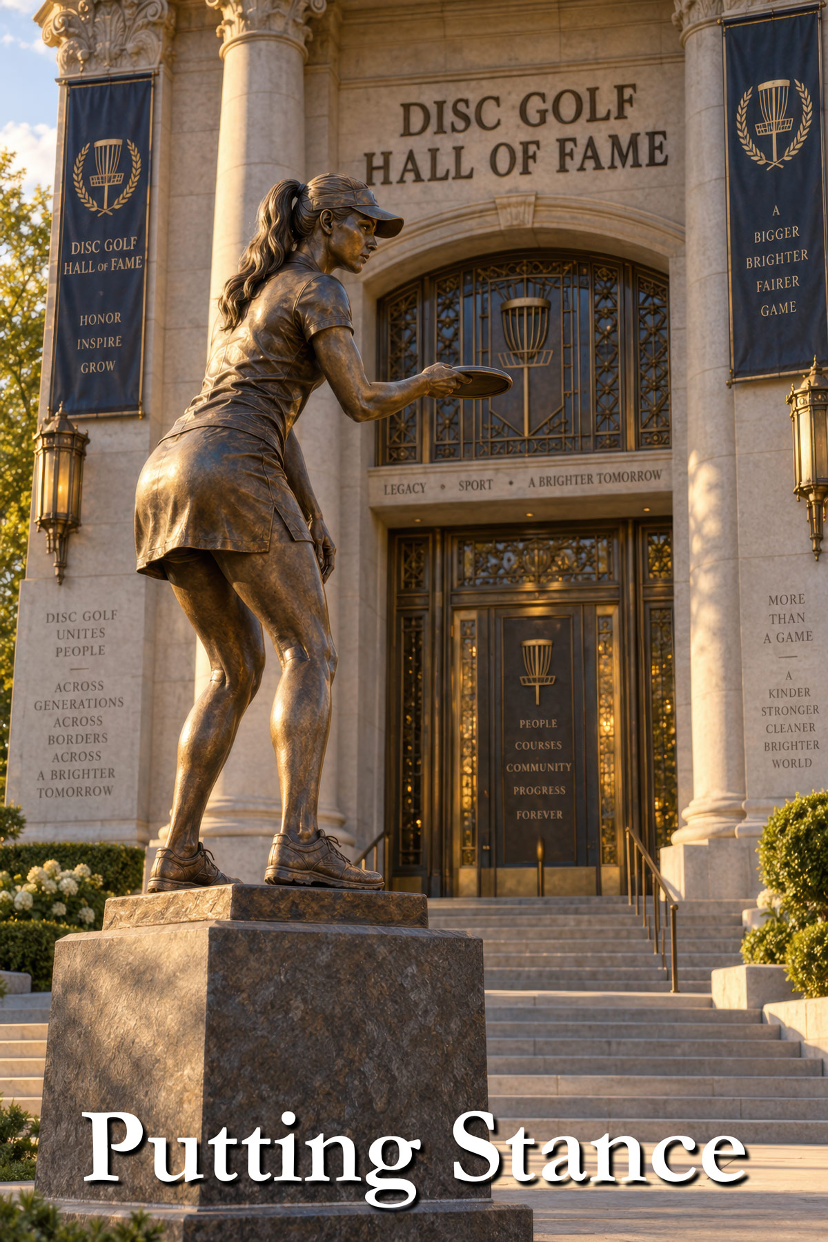Female disc golfer statue demonstrating a putting stance